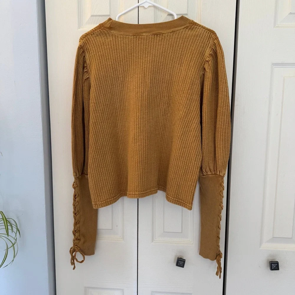 Free People FP One Tasha Cropped Thermal Mustard Yellow Waffle Sleeve Top Medium